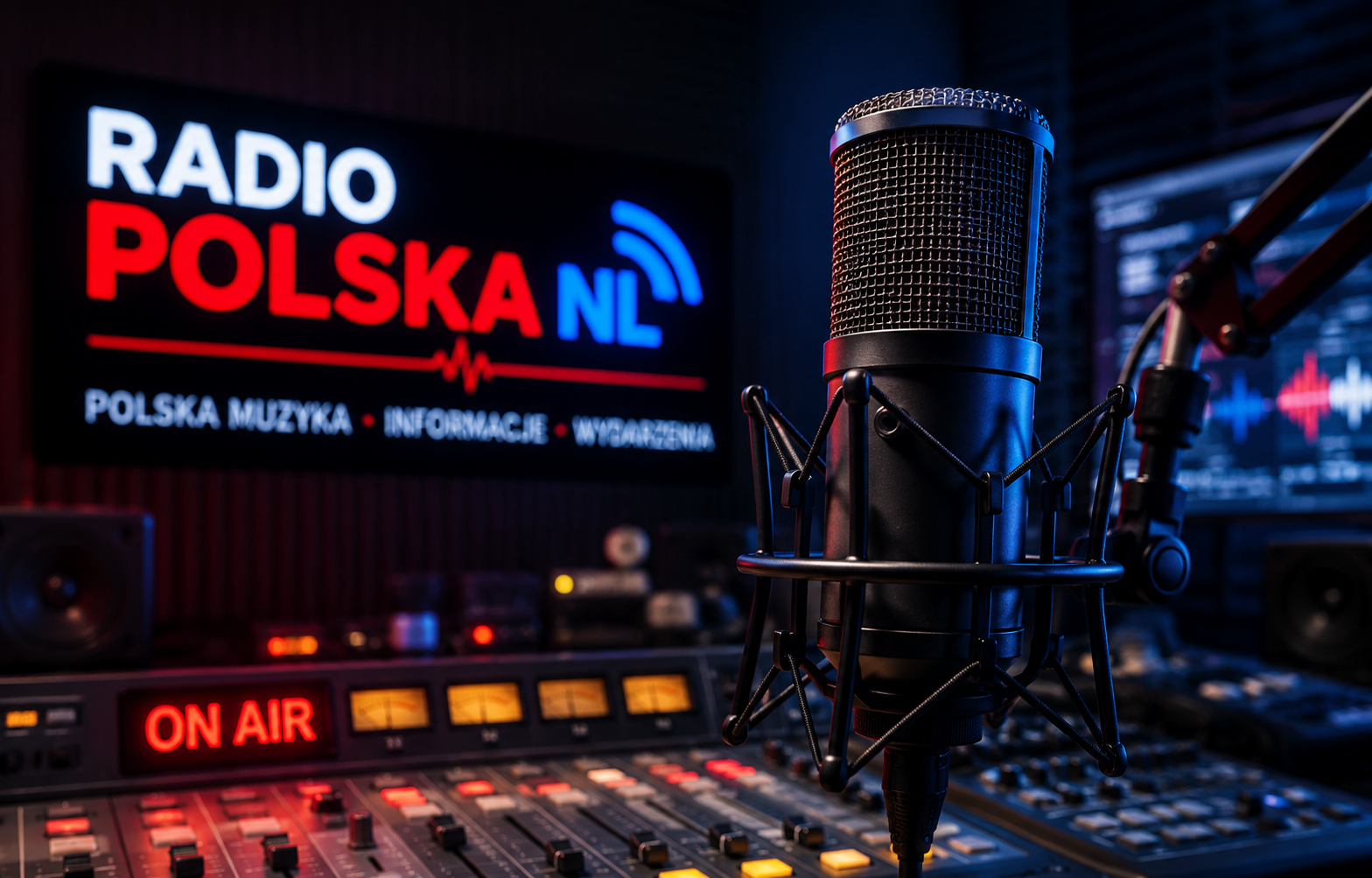 Studio Radia Polska NL z mikrofonem i napisem Radio Polska NL