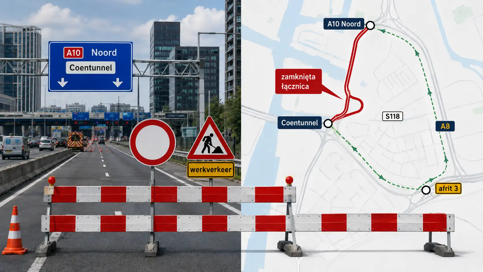Zamknięta łącznica przy Coentunnel w Amsterdamie – mapa objazdu A10 i A8