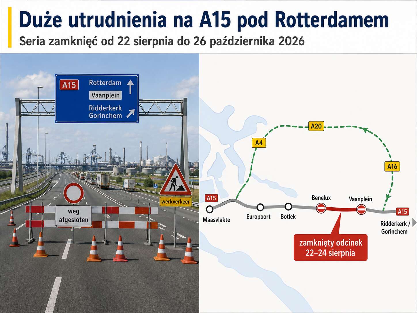 Grafika pokazująca utrudnienia na A15 pod Rotterdamem oraz mapkę zamkniętego odcinka i objazdu