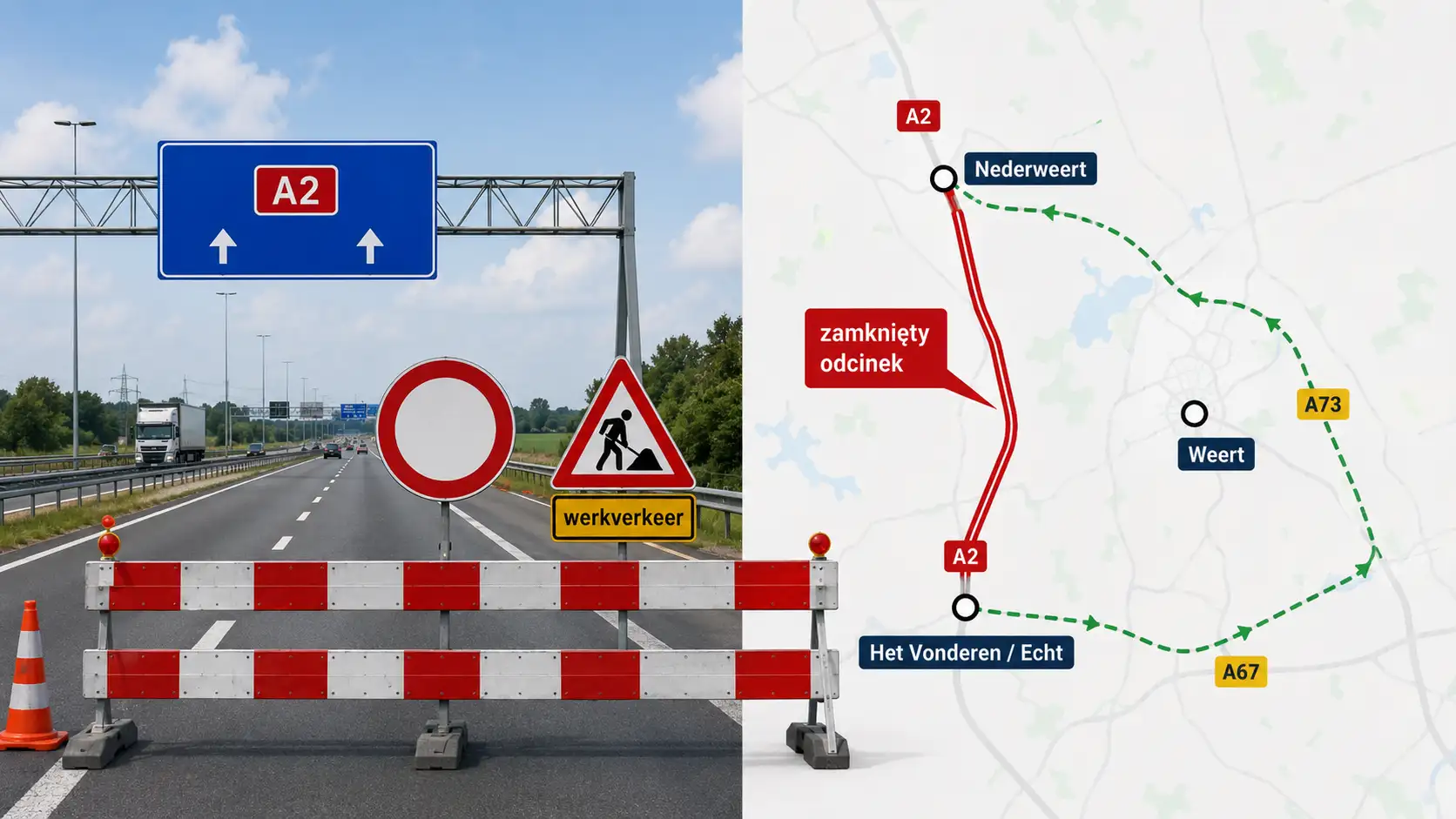 Zamknięcie A2 między Echt a Nederweert – mapa objazdu przez A73 i A67
