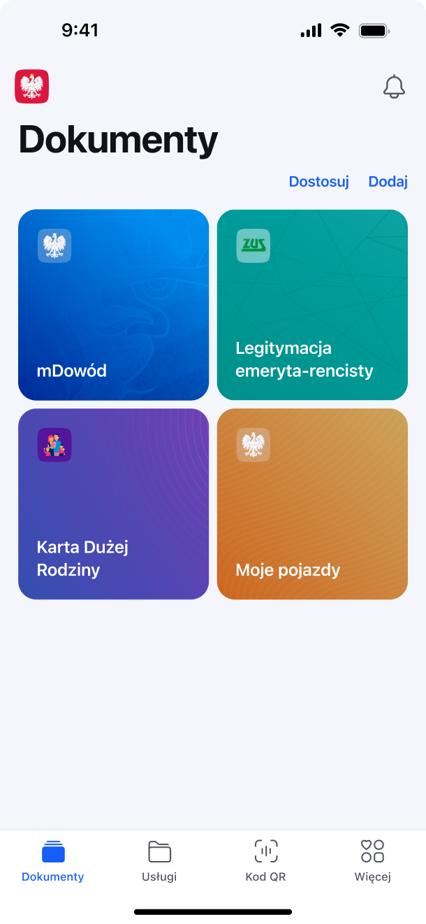Ekran aplikacji mObywatel z cyfrowymi dokumentami użytkownika