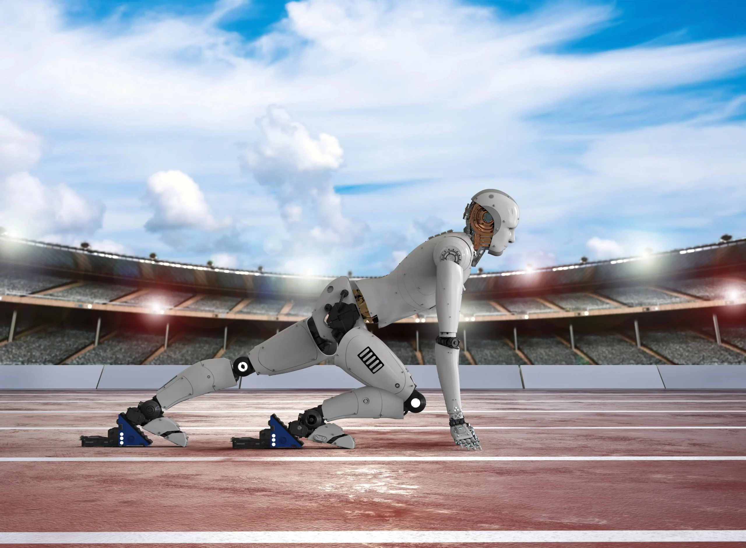 Humanoidalny robot na bieżni przygotowujący się do sprintu na 100 metrów