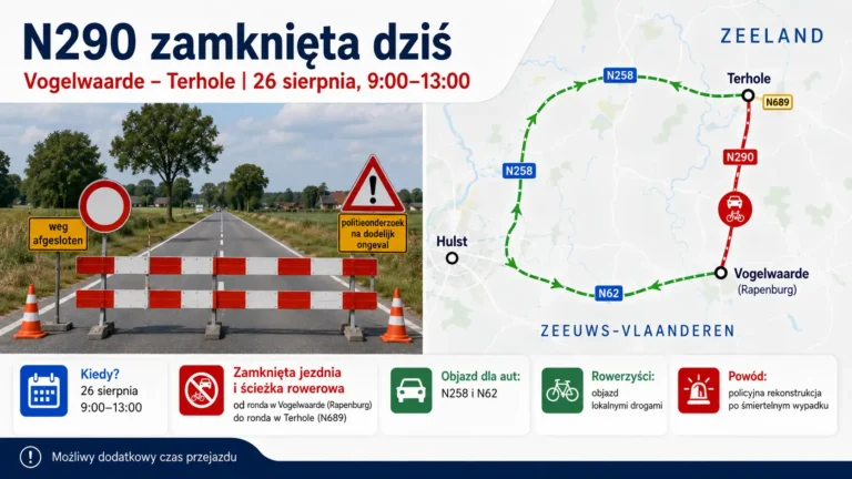 N290 zamknięta dziś między Vogelwaarde a Terhole. Objazd przez N258 i N62