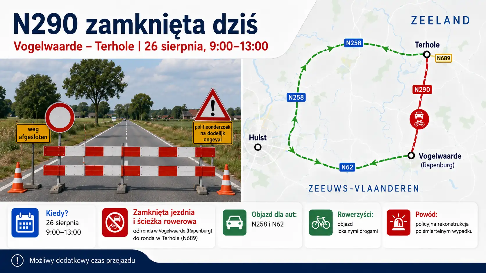N290 zamknięta między Vogelwaarde a Terhole w Zeeland – mapa objazdu przez N258 i N62