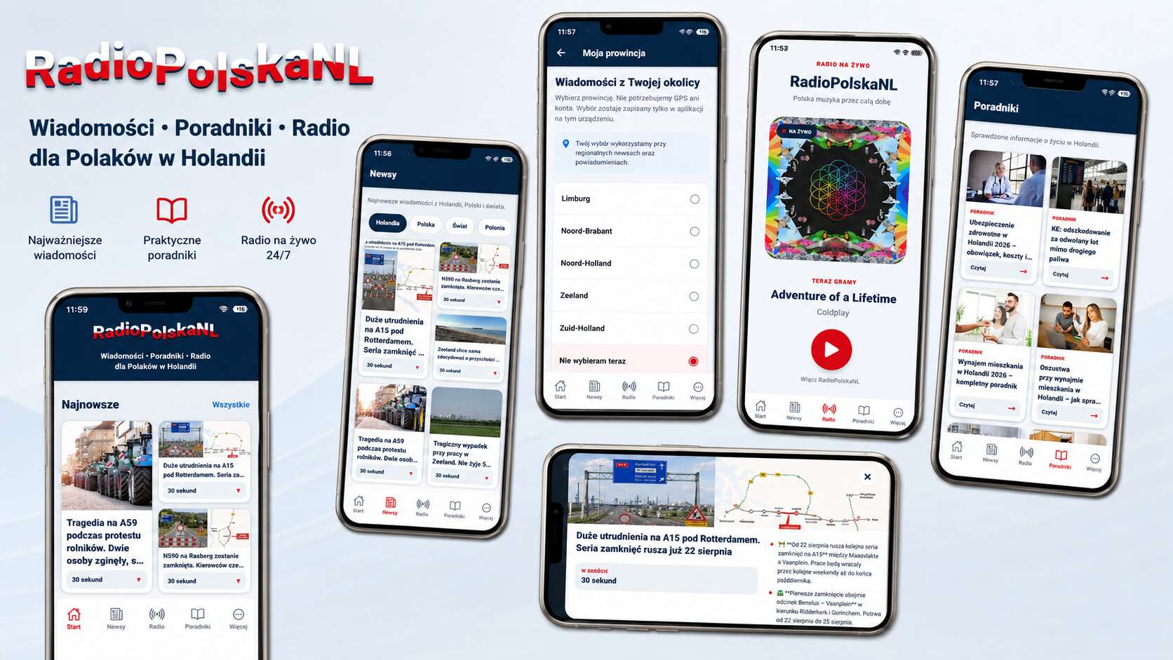 Ekrany aplikacji RadioPolskaNL z wiadomościami, poradnikami, radiem i wyborem prowincji w Holandii