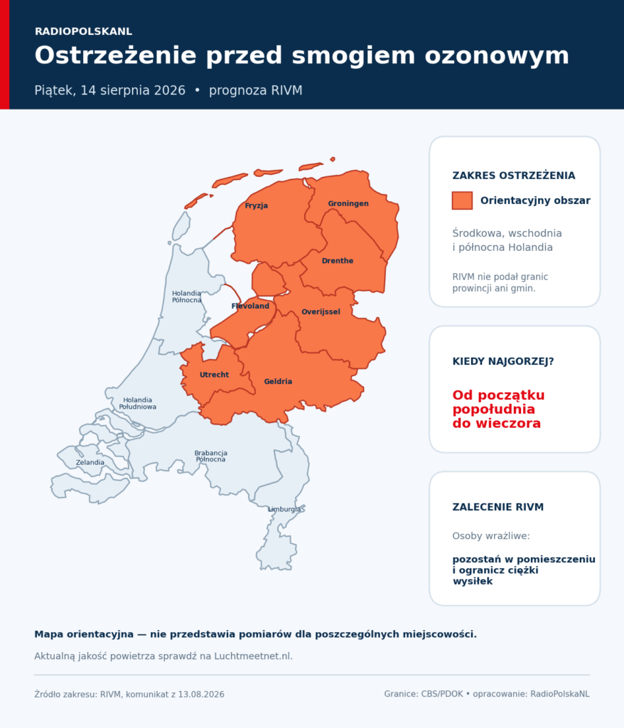 Mapa orientacyjnego obszaru ostrzeżenia RIVM przed smogiem ozonowym w Holandii