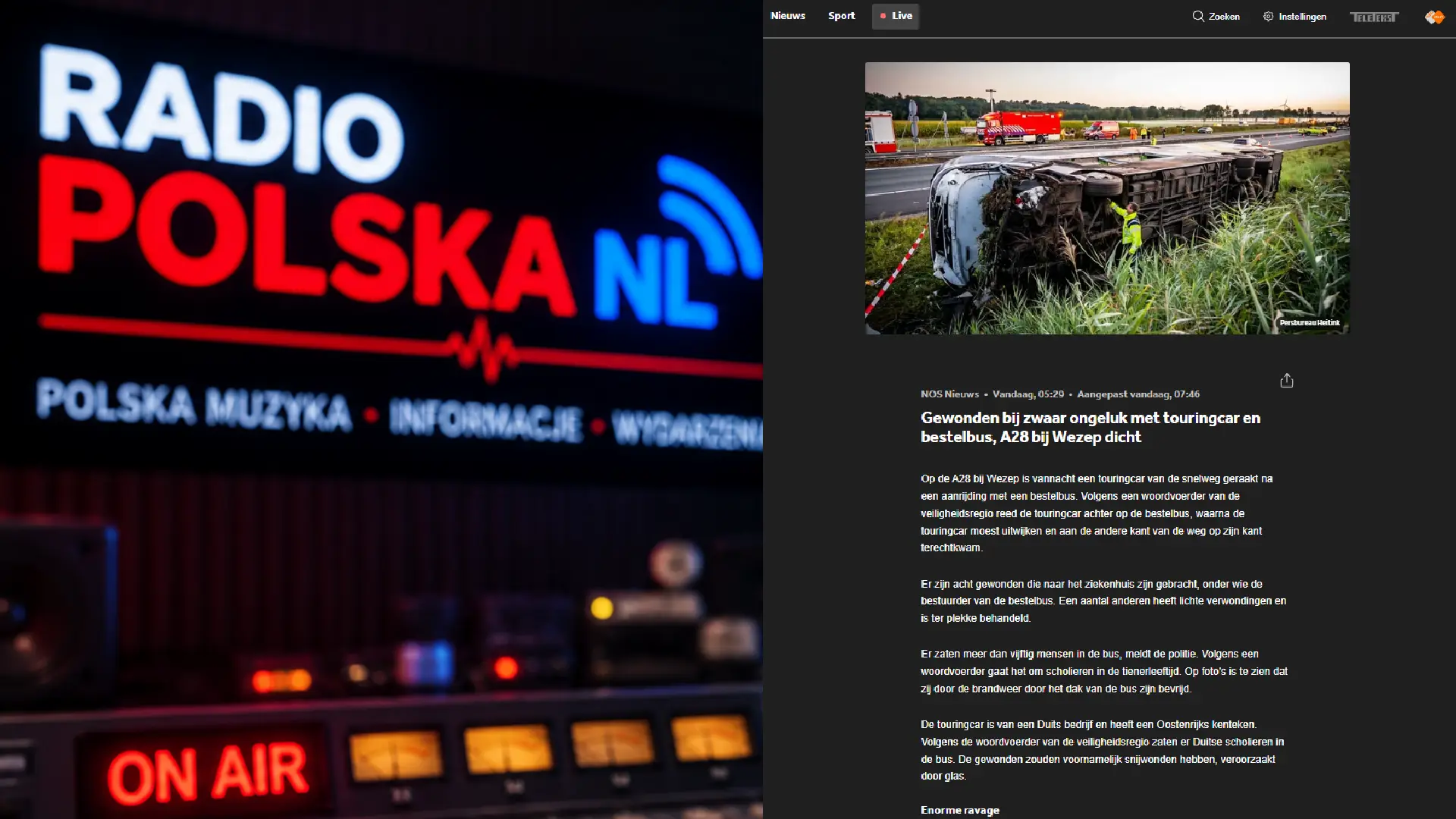 Wypadek autokaru na A28 pod Wezep – kolaż RadioPolskaNL z fragmentem publikacji NOS