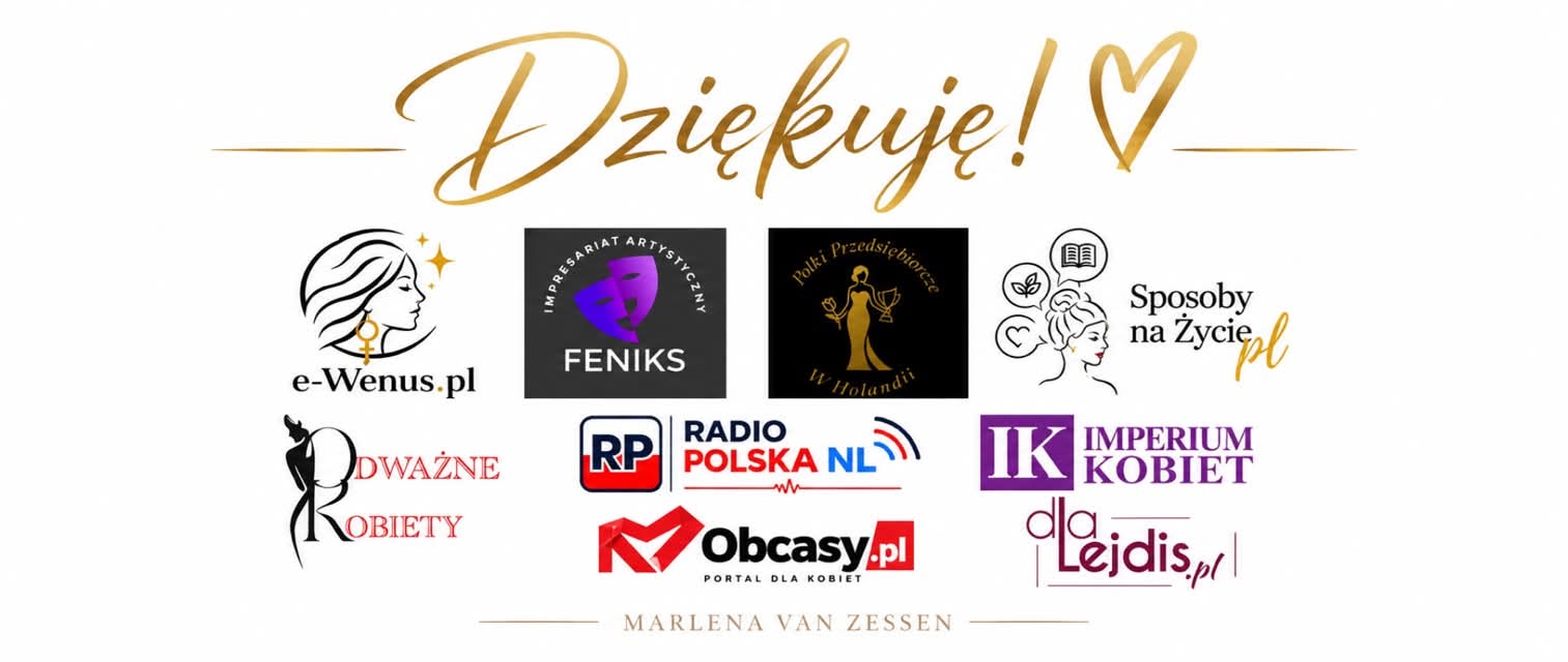 Grafika z podziękowaniami dla patronów książki „Droga kobiety” Marleny van Zessen, wśród nich RadioPolskaNL, FENIKS i Polki Przedsiębiorcze w Holandii.