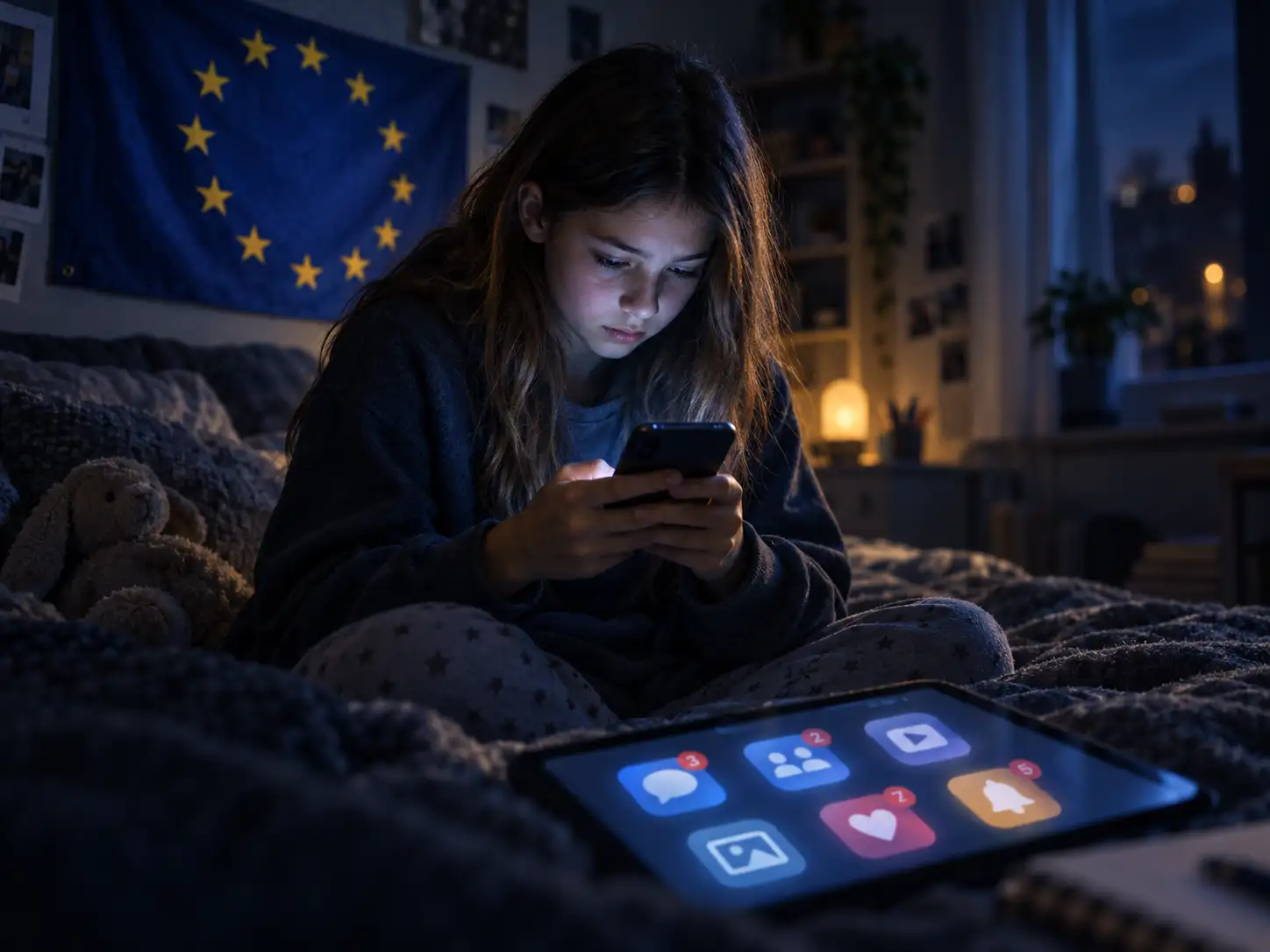Dziewczynka korzystająca wieczorem ze smartfona na tle flagi Unii Europejskiej – EU KIDS Act