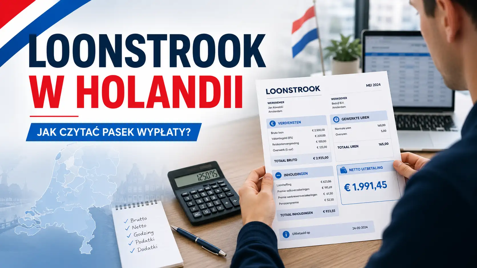 Grafika przedstawiająca holenderski loonstrook i kalkulator