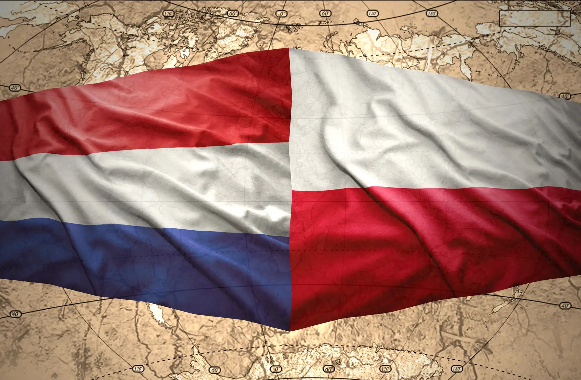 Flagi Polski i Holandii obok siebie na tle mapy