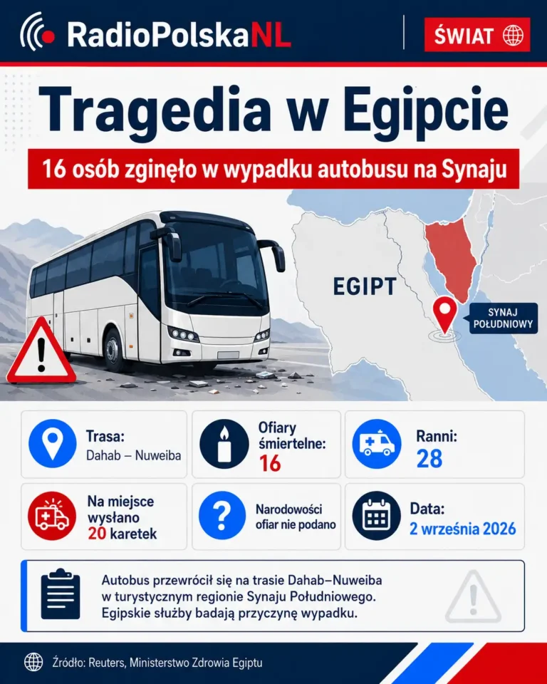 Infografika RadioPolskaNL o wypadku autobusu w Egipcie – 16 ofiar śmiertelnych i 28 rannych