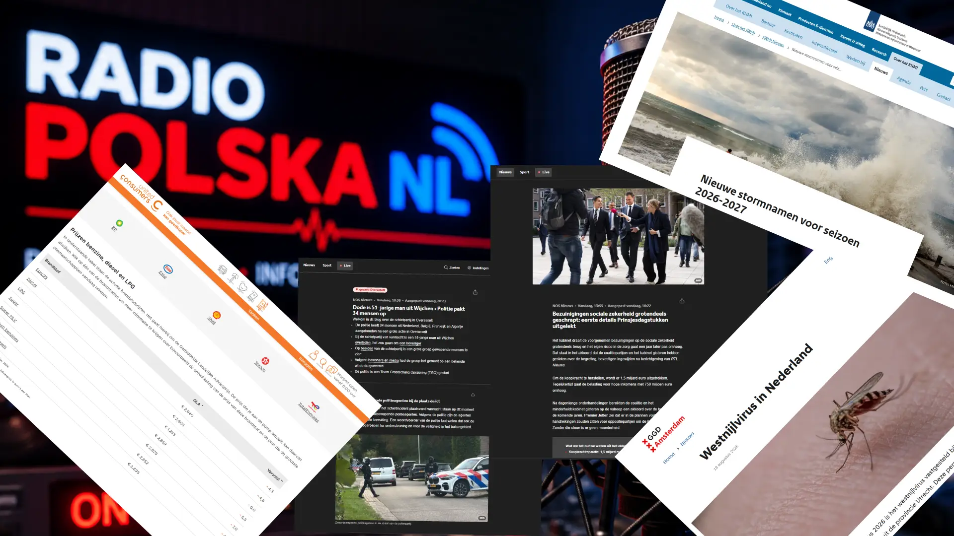 Kolaż pięciu wiadomości z Holandii na tle logo RadioPolskaNL – Overasselt, ceny benzyny, westnijlvirus, świadczenia i sztormy