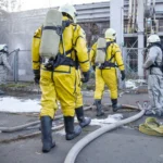 Strażacy w kombinezonach ochrony chemicznej podczas akcji przy wycieku substancji
