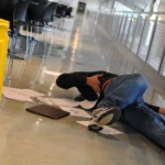 Pracownik leżący na podłodze po wypadku w miejscu pracy