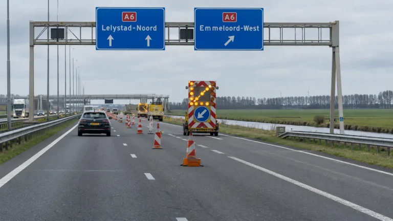 Autostrada A6 między Lelystad i Emmeloord podczas prac drogowych