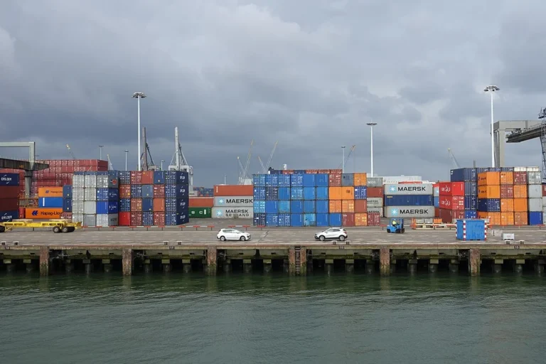 Kontenery transportowe ustawione w terminalu portowym w Rotterdamie, z dźwigami przeładunkowymi w tle.