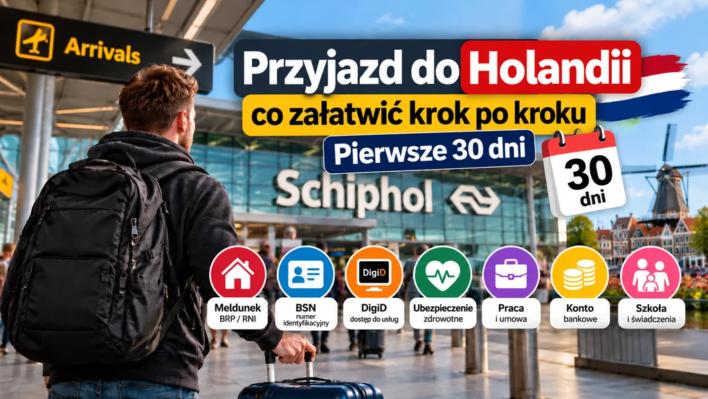 Przyjazd do Holandii – podróżny z walizką i lista formalności: meldunek, BSN, DigiD, ubezpieczenie i praca.